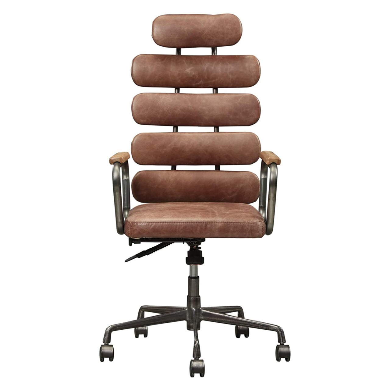 Saltoro Sherpi Leatherette Metal Swivel Executive Chair with Five Horizontal Panels Backrest, Brown and Gray-